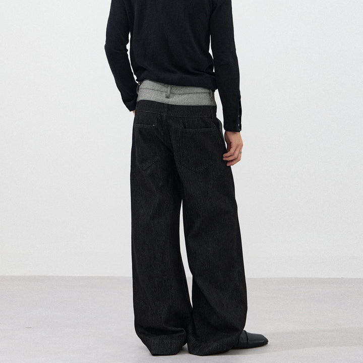 Men's Wide Cut Double-Breasted Denim Palazzo Trousers with Visible Button Placket Mune Fashion