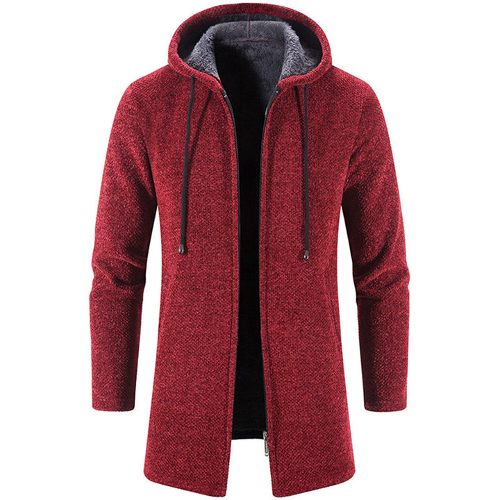 Men's longer hooded knit coat with teddy lining, full zipper and side pockets Mune Fashion