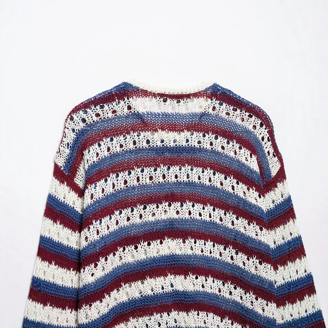 Women's knitted cardigan in ajour-striped pattern with button placket and round neck Mune Fashion