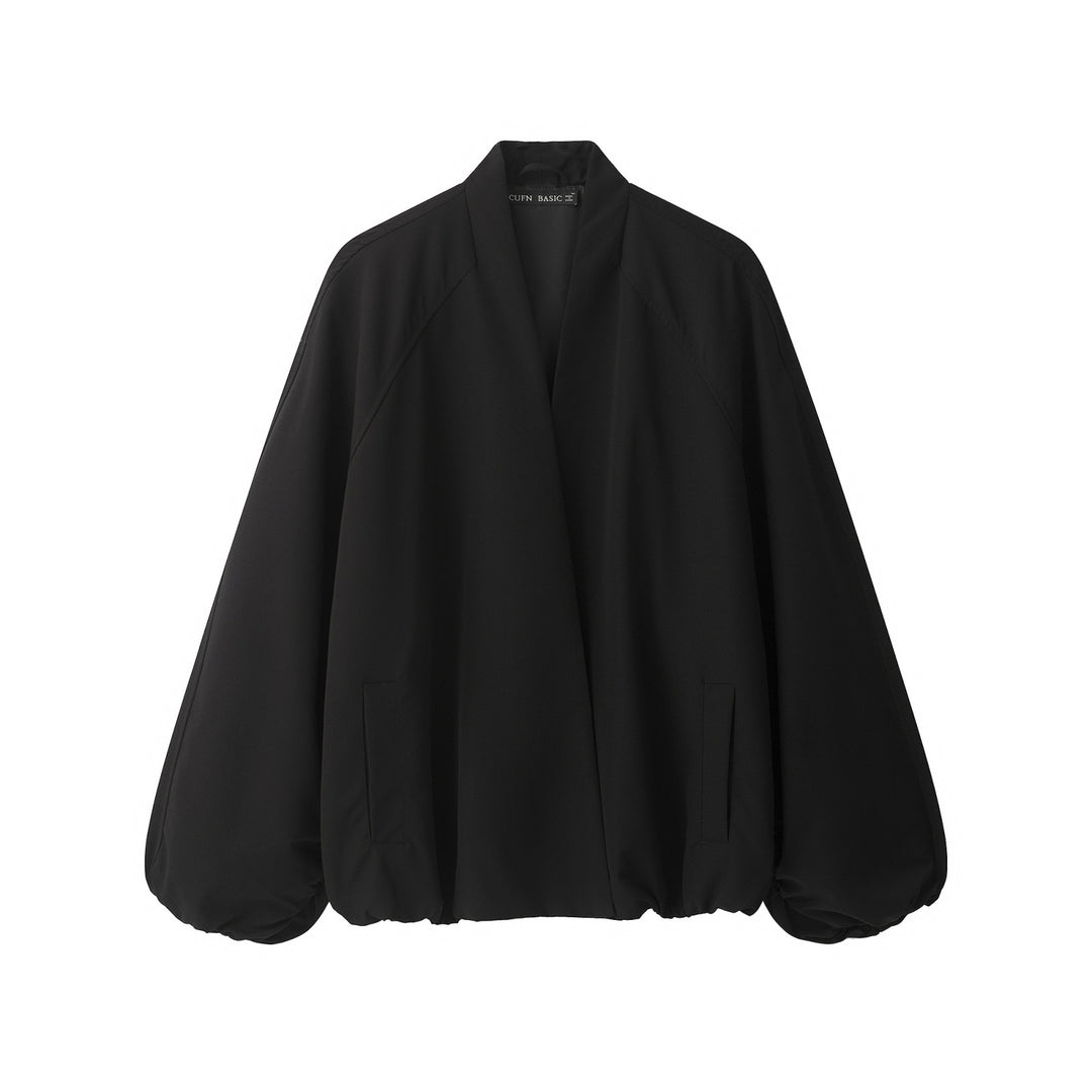 Women's Oversize Cropped Bomber Jacket with Open V-Neck and Elastic Hem Mune Fashion