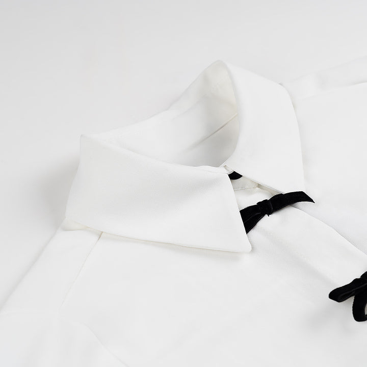 Ladies nan lightweight long sleeve blouse with concealed button placket and decorative bow details Mune Fashion
