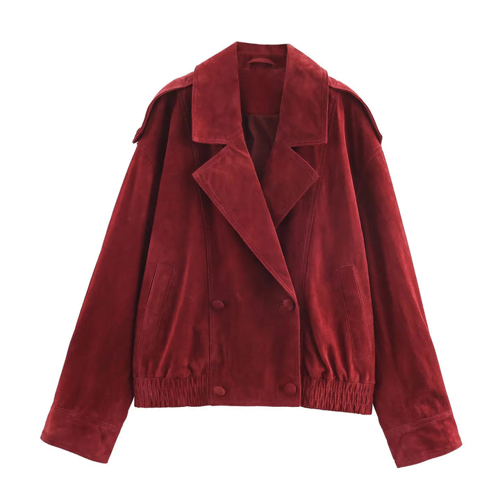 Women's oversized suede-look bomber jacket with large shawl collar, double-breasted and elastic hem Mune Fashion