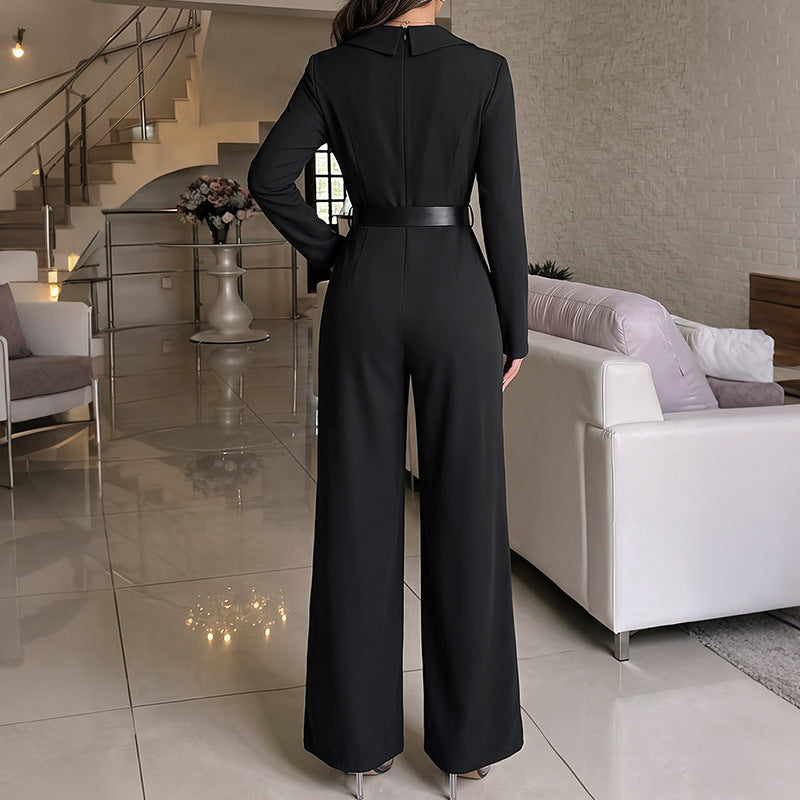 Women Elegant Jumpsuit with Belt and Slit Mune Fashion