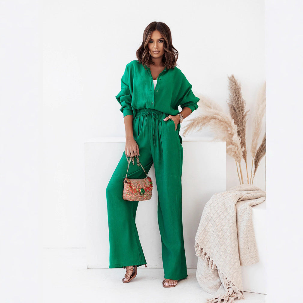Women’s Crinkle Lounge Set with oversized button-up blouse and wide palazzo pants Mune Fashion