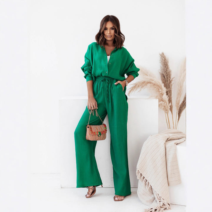 Women’s Crinkle Lounge Set with oversized button-up blouse and wide palazzo pants Mune Fashion