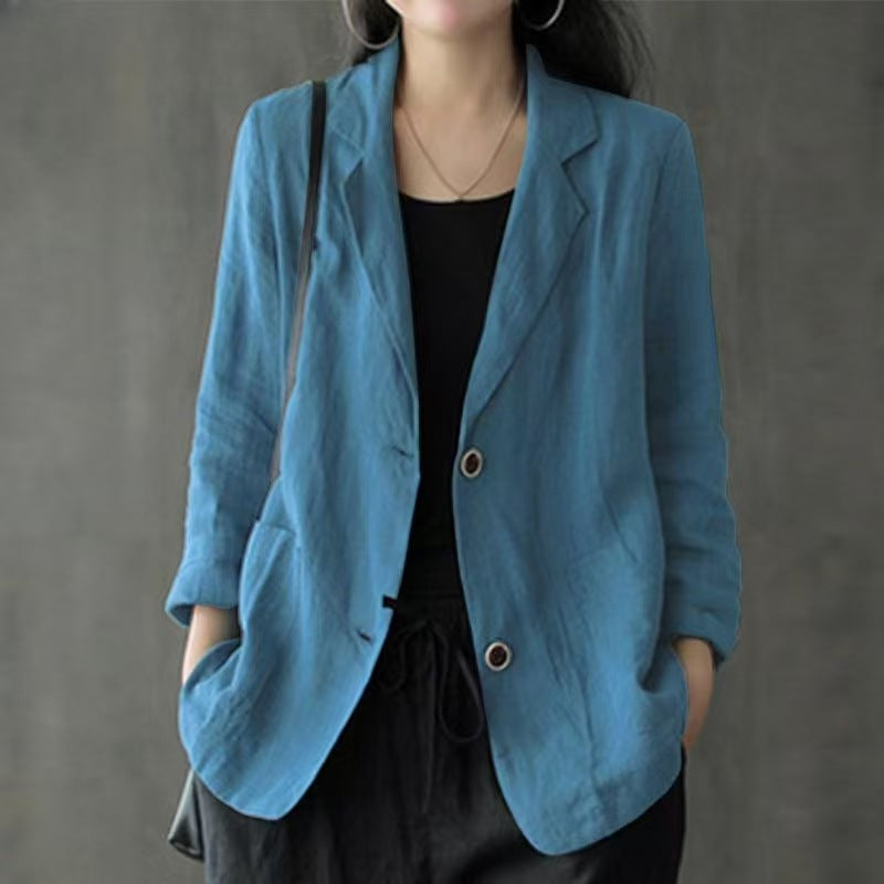 Women's Lightweight Linen Blazer with Loose Fit and Patch Pockets Drune