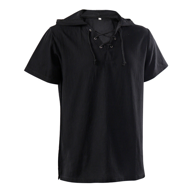 Men's casual short-sleeve shirt with laced V-neck, short stand-up collar, and soft cotton blend Mune Fashion