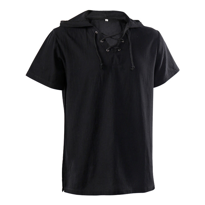 Men's casual short-sleeve shirt with laced V-neck, short stand-up collar, and soft cotton blend Mune Fashion
