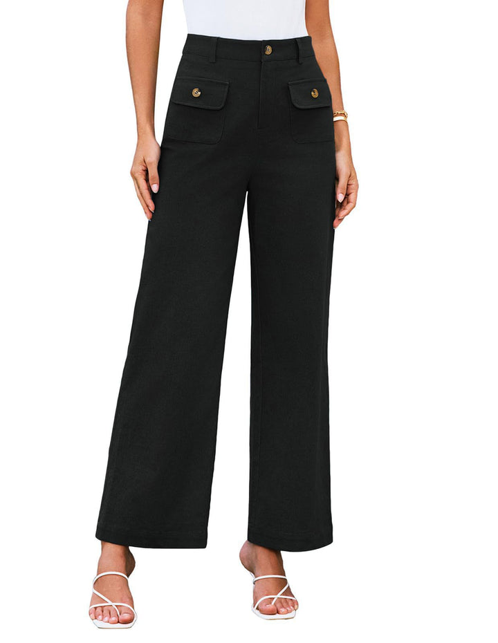 Women's High-Waist Wide-Leg Trousers with Button-Flap Patch Pockets Mune Fashion