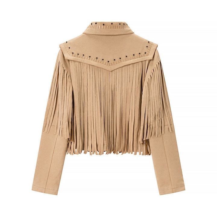 Women's Short Fringe Suede Jacket in Western Style with Studded Accents and Front Zipper Mune Fashion