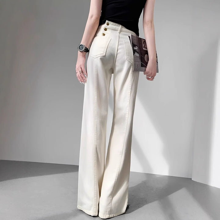 Women's high-waisted wide-leg jeans in palazzo cut with visible double-button placket Mune Fashion