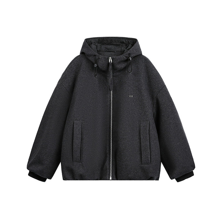 Men's Loose-Fitting Padded Wool Blend Hooded Jacket with Zip and Drawstring Mune Fashion