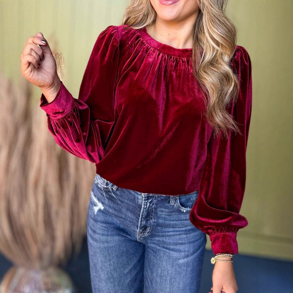 Ladies velvet blouse with balloon sleeves and gathered stand-up collar Drune