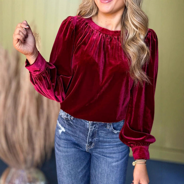 Ladies velvet blouse with balloon sleeves and gathered stand-up collar Drune