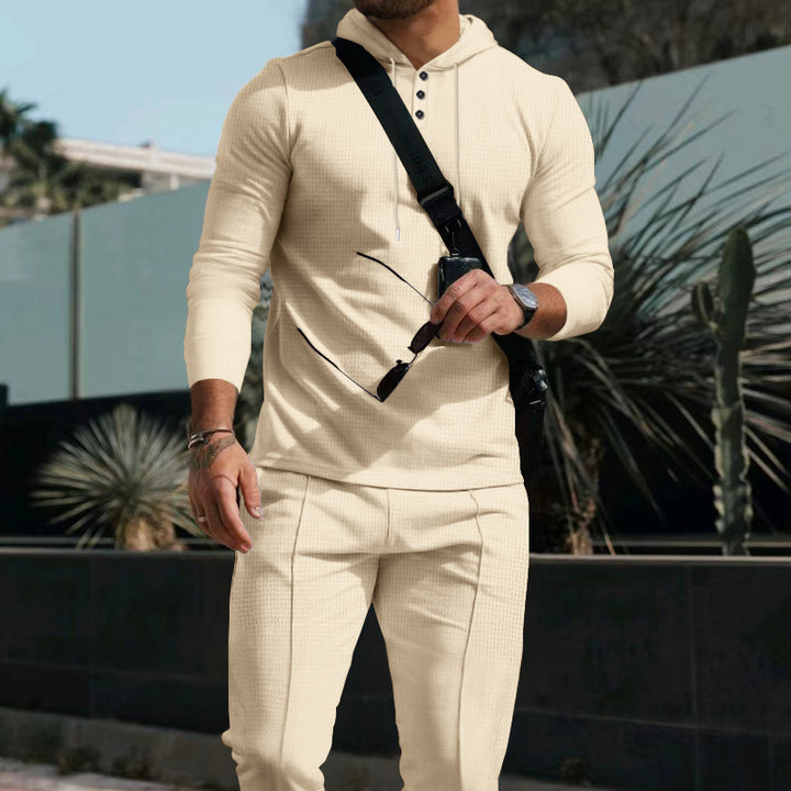 Men's fitted hooded button placket set made of textured stretch jersey with slim chino jogger Mune Fashion