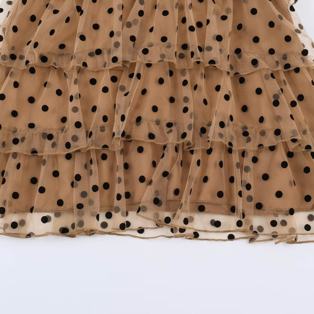 Women Dotted Tiered Tulle Dress with V-Neck and Transparent Balloon Sleeves Mune Fashion