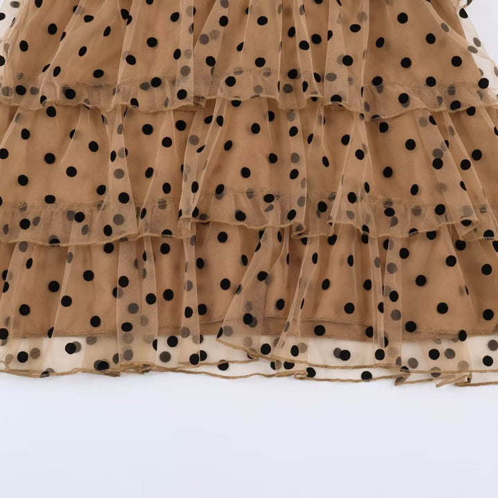 Women Dotted Tiered Tulle Dress with V-Neck and Transparent Balloon Sleeves Mune Fashion