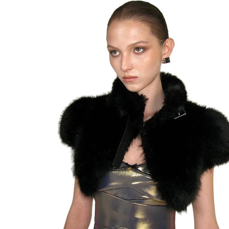 Women's Cropped Faux Fur Bolero with Voluminous Shawl Collar and Puff Sleeves Mune Fashion