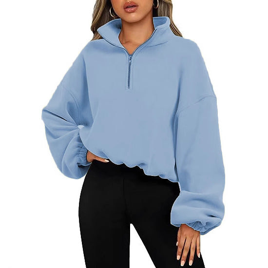 Women's cropped half-zip sweatshirt with high standing collar, balloon sleeves and elastic hem Mune Fashion