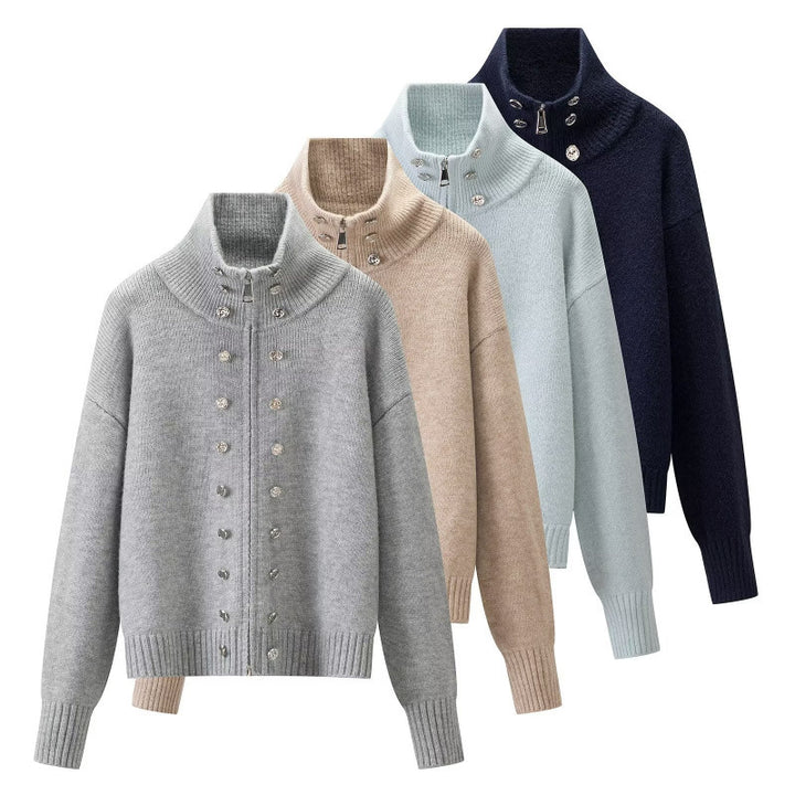 Women's Cropped Cardigan with High Standing Collar, Decorative Button Placket and Double Zipper Mune Fashion