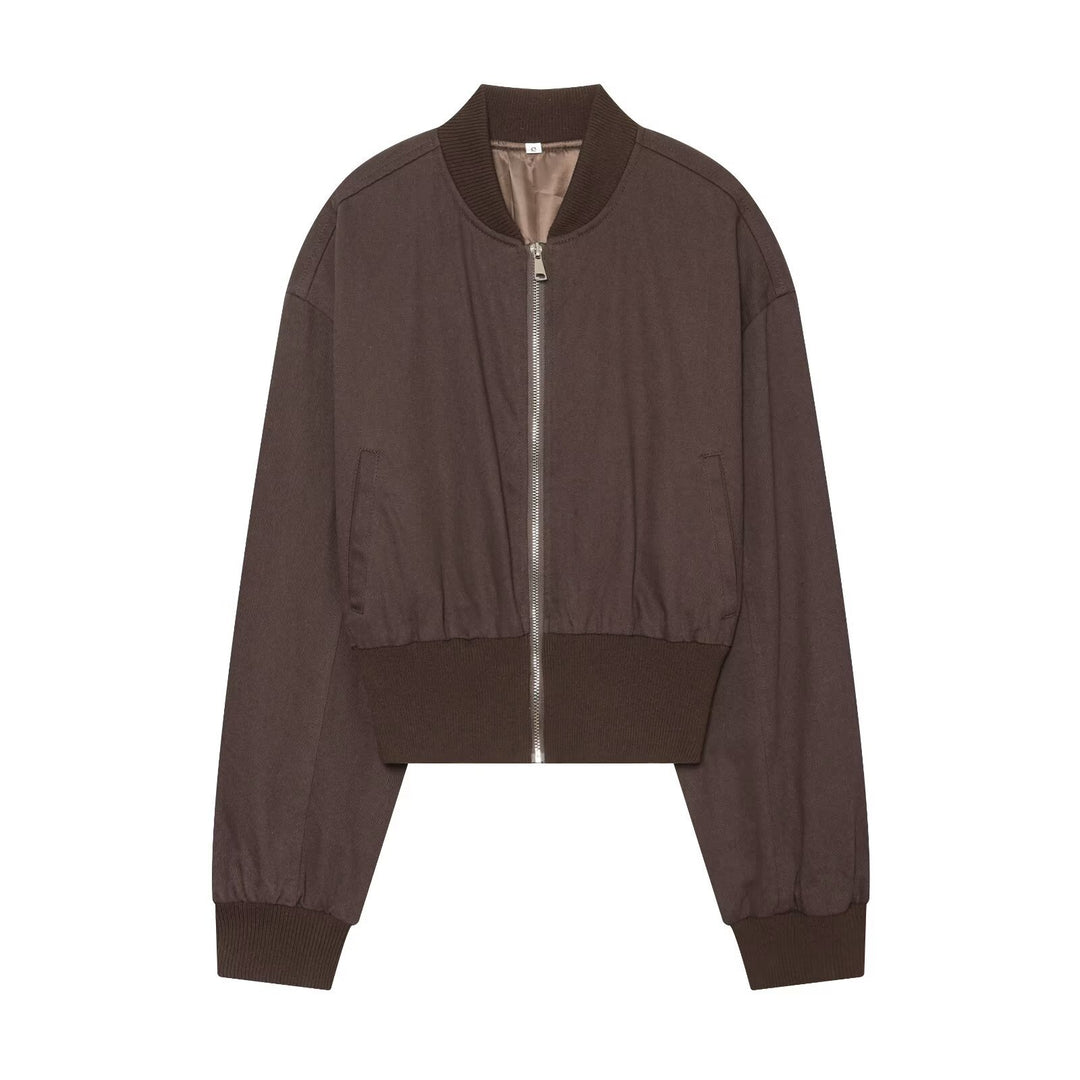 Women's Cropped Bomber Jacket with Wide Ribbed Cuff and Continuous Zipper Mune Fashion