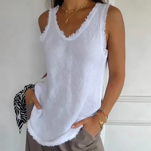 Women's casual linen look tank top with frayed hem U-neck and loose hip length Mune Fashion