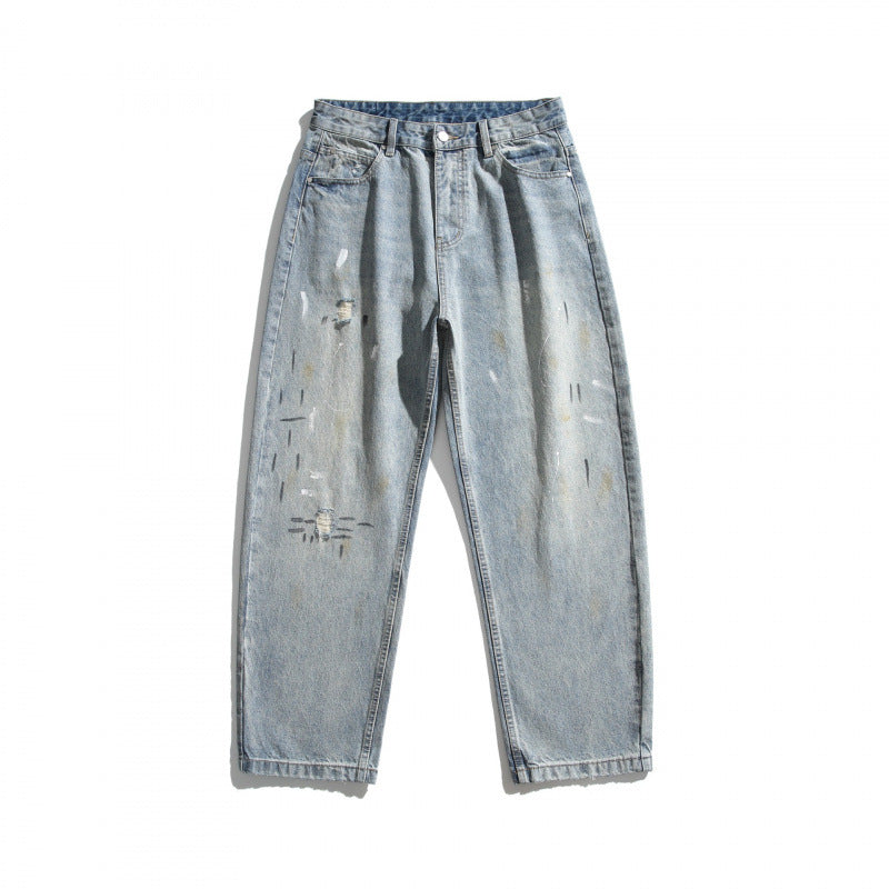 Men's Loose-Fit Vintage Denim Pants with Used Effect, Paint-Splatter and Distressed Details Mune Fashion