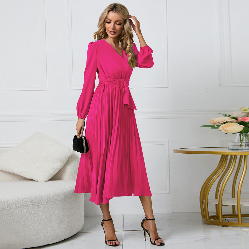 Women's Pleated Wrap Midi Dress with Waist Belt and V-Neck Mune Fashion