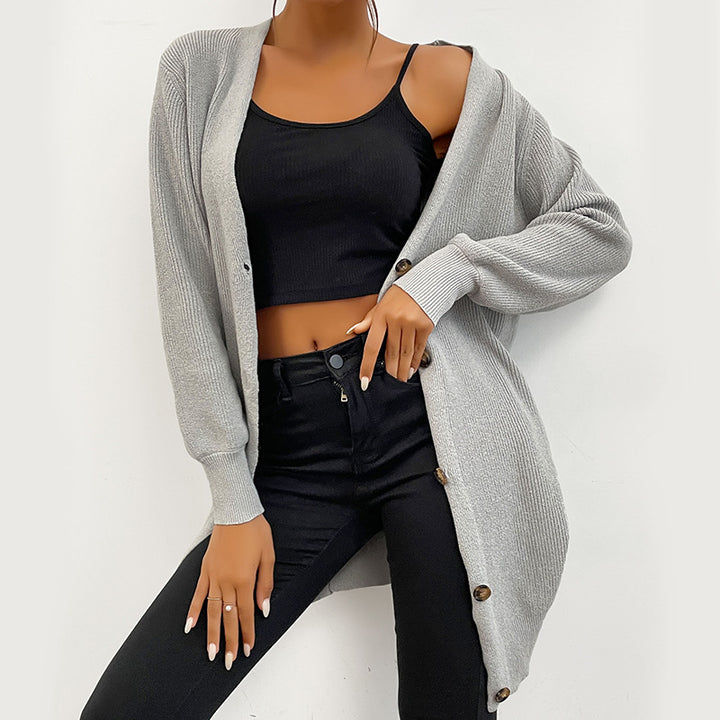 Women's Oversize Long Cardigan made of soft fine knit with deep V-neck and button placket Mune Fashion