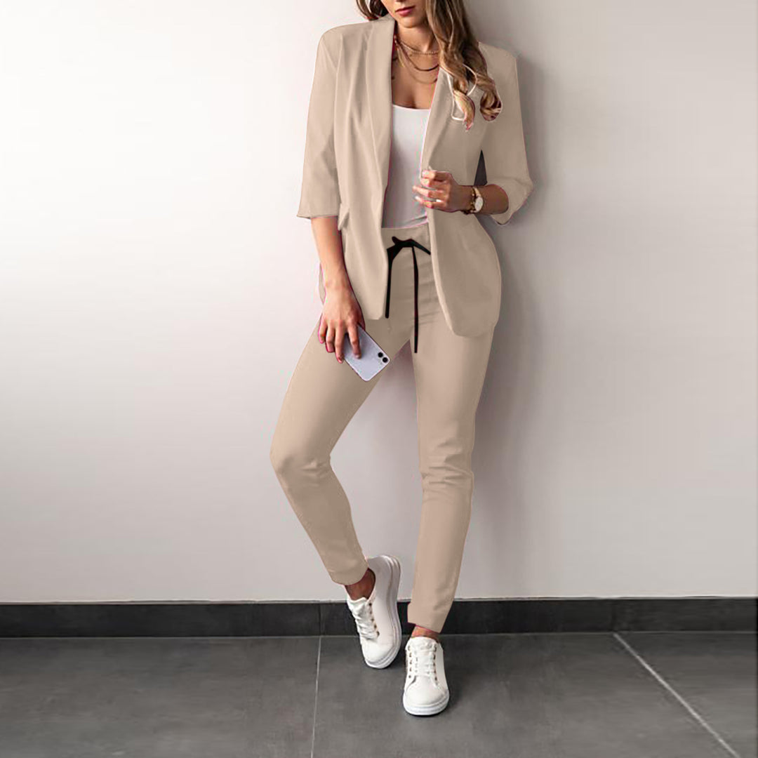 Ladies Longline Blazer and Slim Jogger Set with Three-Quarter Sleeves and Drawstring Waist Mune Fashion