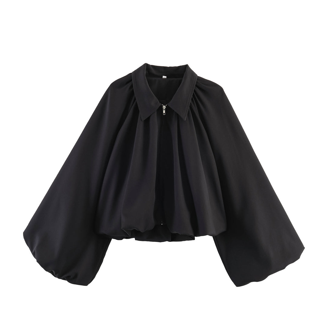 Women’s Short Cape Jacket with Voluminous Balloon Sleeves, Stand Collar and Zip Mune Fashion