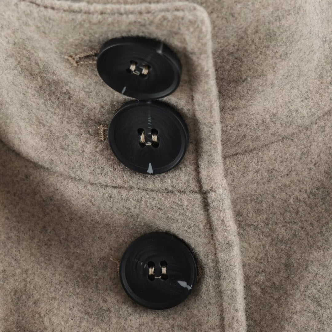 Women’s short trench coat made of wool blend with stand-up collar, epaulettes, and tie belt Mune Fashion