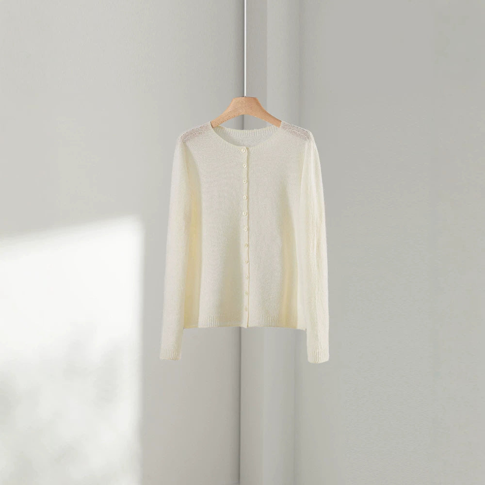 Women's fine knit cardigan with round neckline and continuous button placket Mune Fashion