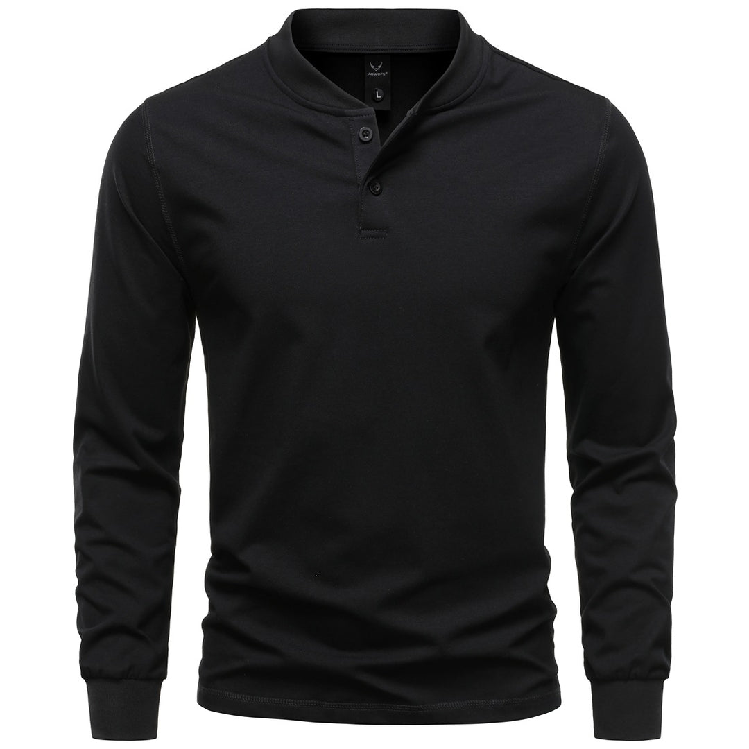 Men's Long Sleeve Henley Shirt with Stand Collar and Double Button Placket, Slim Fit, Cotton Blend Mune Fashion