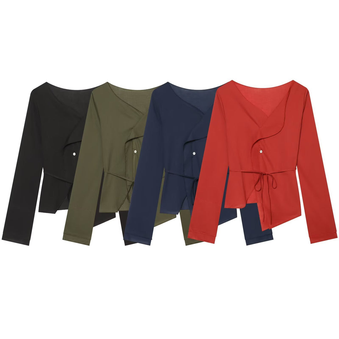 Women's wrap blouse with waist tie, asymmetrical hem and gathered edges Mune Fashion