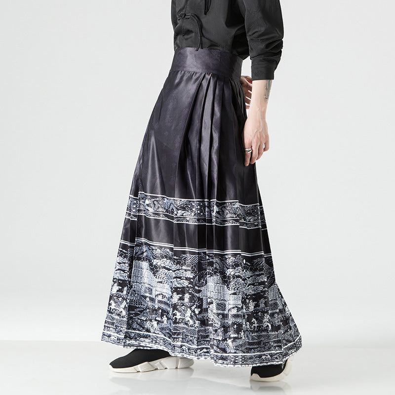 Women's maxi skirt with wide waistband, ornamental border and pleated folds Mune Fashion