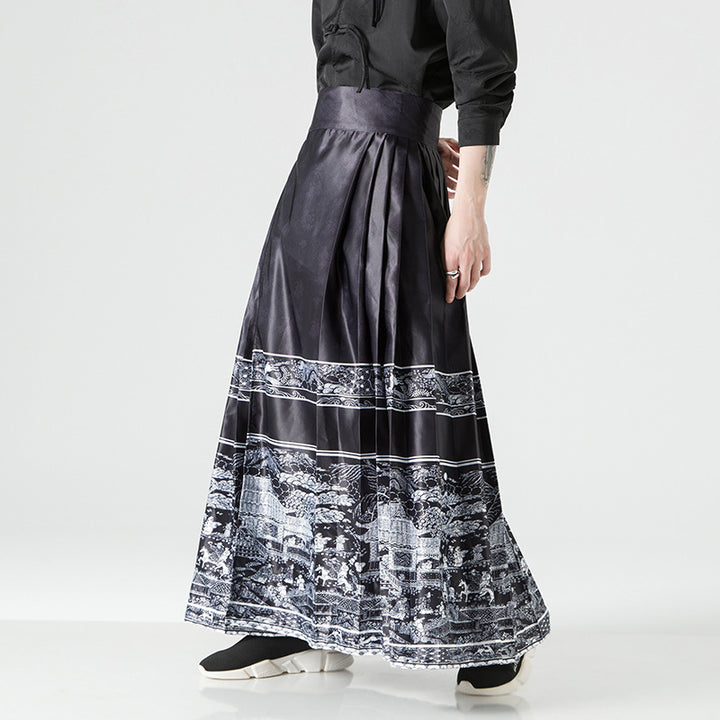 Women's maxi skirt with wide waistband, ornamental border and pleated folds Mune Fashion