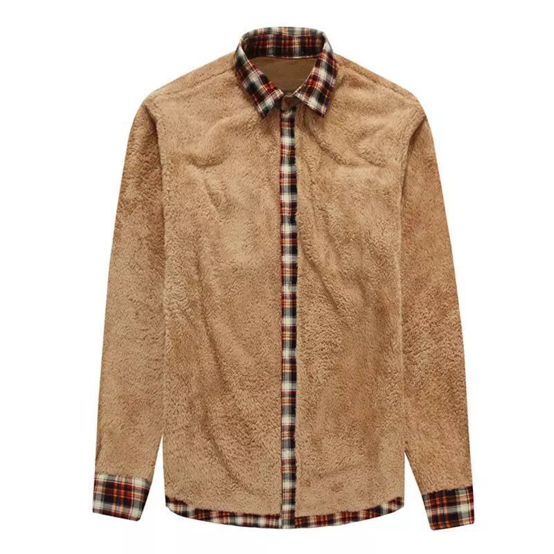 Men's Checked Flannel Shirt Jacket with Teddy Lining and Suede Shoulder Yoke Mune Fashion