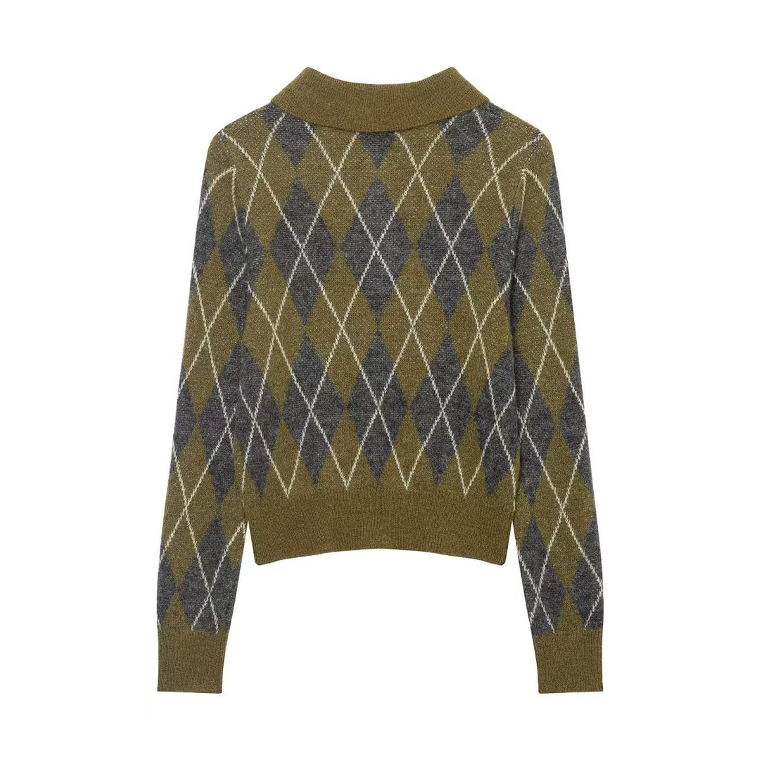 Women's Argyle Polo Knit Sweater with Cropped Cut, Ribbed Cuffs and Button Placket Mune Fashion