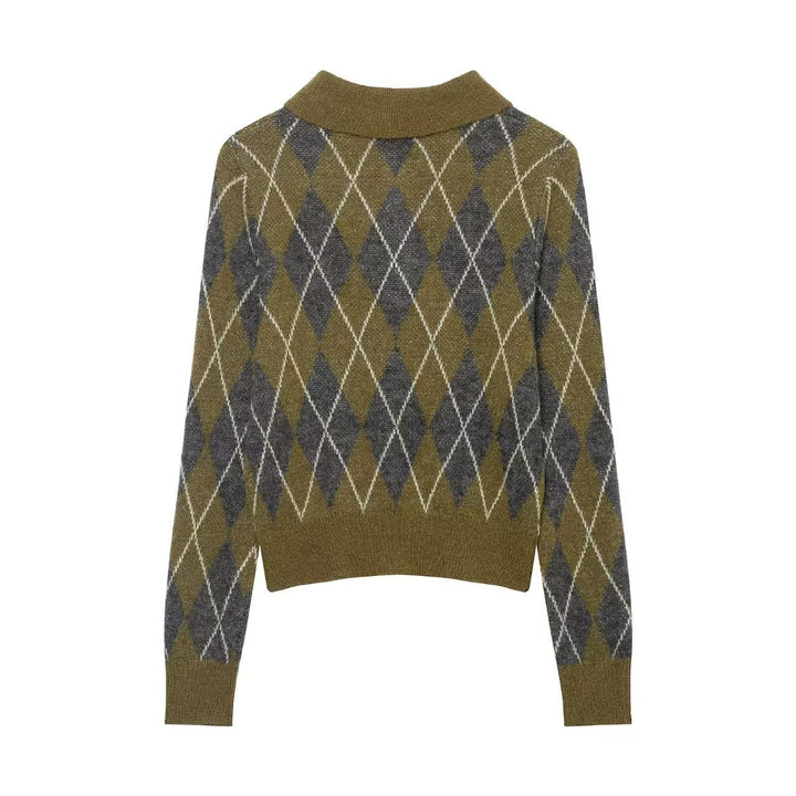 Women's Argyle Polo Knit Sweater with Cropped Cut, Ribbed Cuffs and Button Placket Mune Fashion