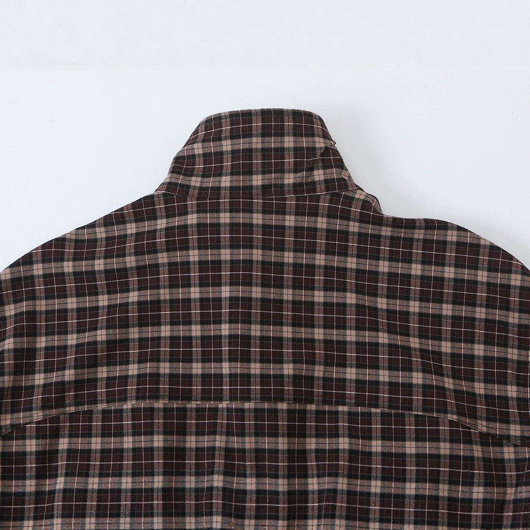 Women's Checkered Cropped Jacket with Stand-up Collar, Drawstring Hem and Pockets Mune Fashion