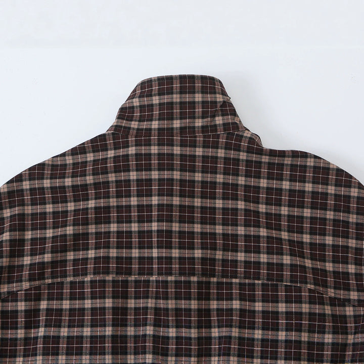 Women's Checkered Cropped Jacket with Stand-up Collar, Drawstring Hem and Pockets Mune Fashion