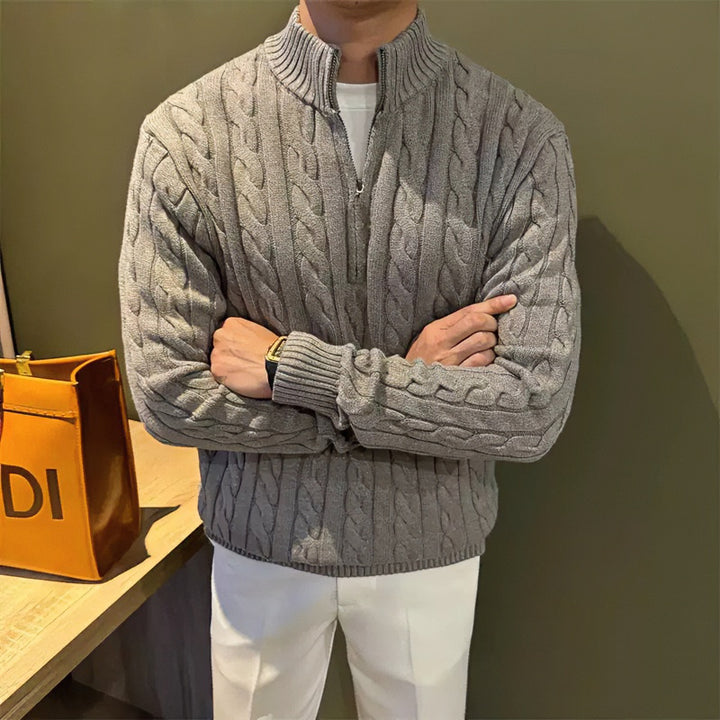 Men's Braided Knit Half-Zip Sweater with Stand-Up Collar Mune Fashion