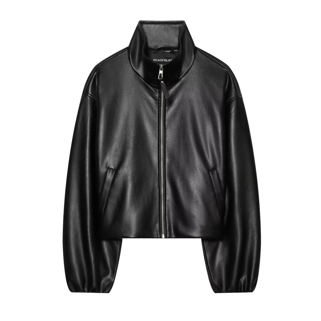 Ladies short faux leather bomber jacket with stand-up collar and concealed zipper Mune Fashion