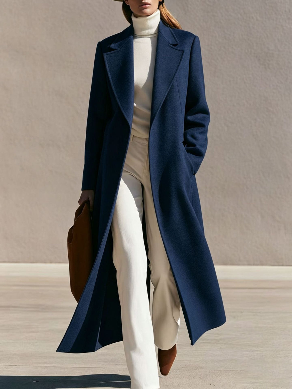Women Longline Wool Coat with Wide Lapels and Tailored Fit Mune Fashion
