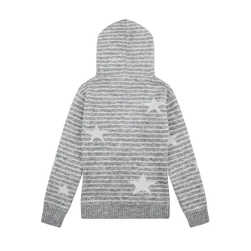 Women's hooded sweater made of fine knit with faux fur trim, star stripe pattern and button placket Mune Fashion