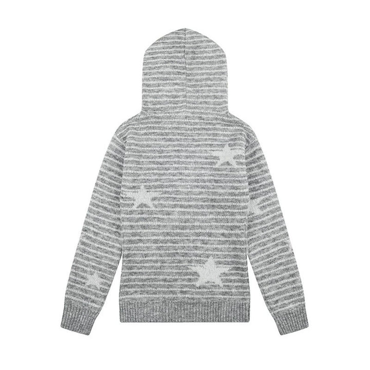 Women's hooded sweater made of fine knit with faux fur trim, star stripe pattern and button placket Mune Fashion