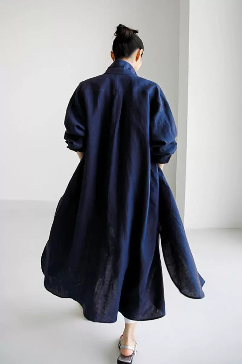 Women's Oversize Linen Maxi Dress with Stand Collar, Roll-Up Sleeves and High Side Slits Mune Fashion