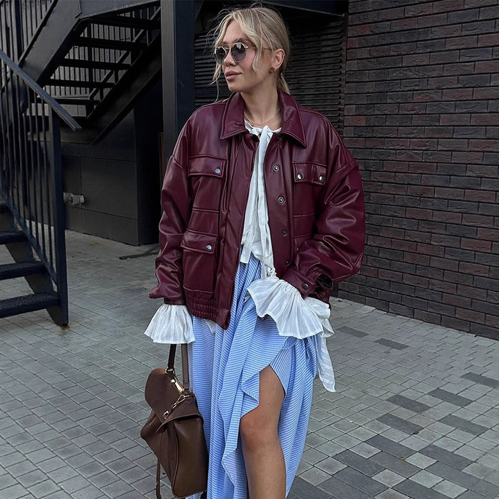 Women Oversized Faux Leather Jacket with Placket Snap Pockets and Elastic Hem Mune Fashion