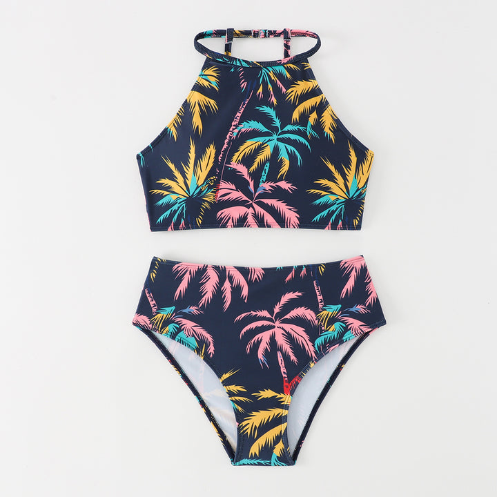 Ladies Sporty Bikini Set with High Collar and Tropical Design Mune Fashion